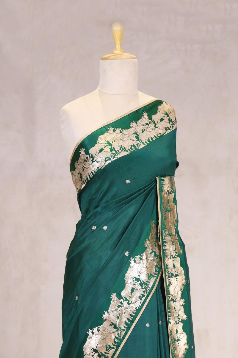 Green Handloom Banarasi Silk Saree with Gayatri Mantra