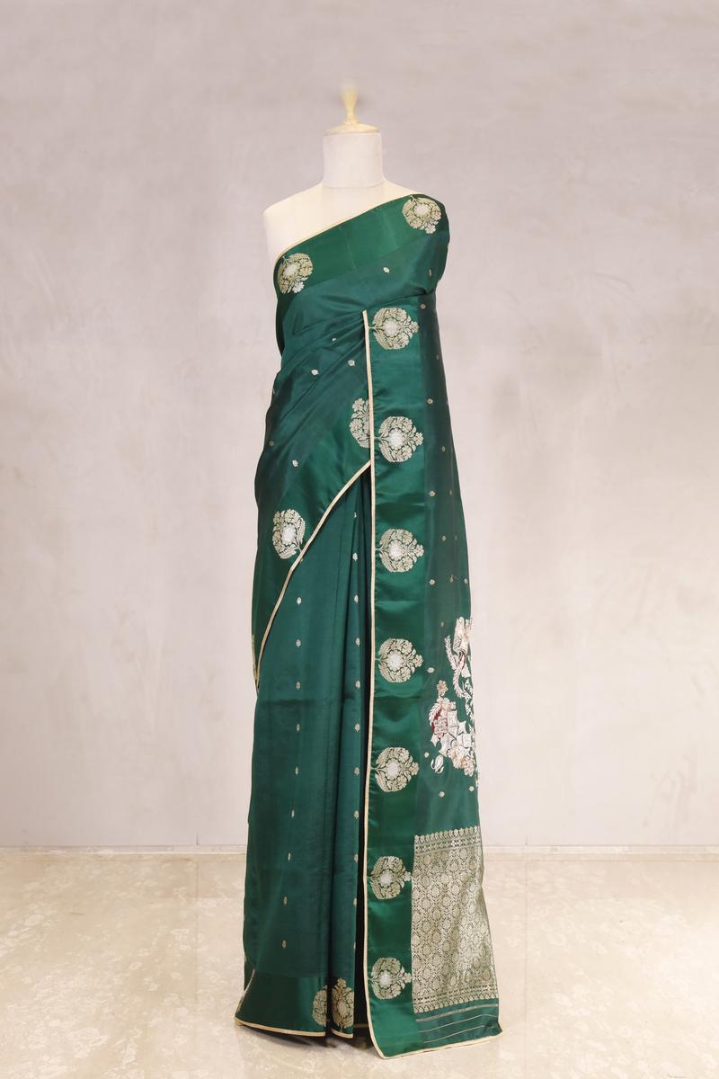 Bottle Green Handloom Banarasi Silk Saree with Gayatri Mantra