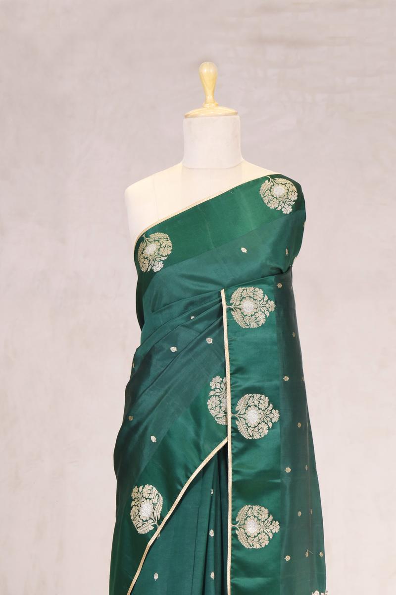 Bottle Green Handloom Banarasi Silk Saree with Gayatri Mantra