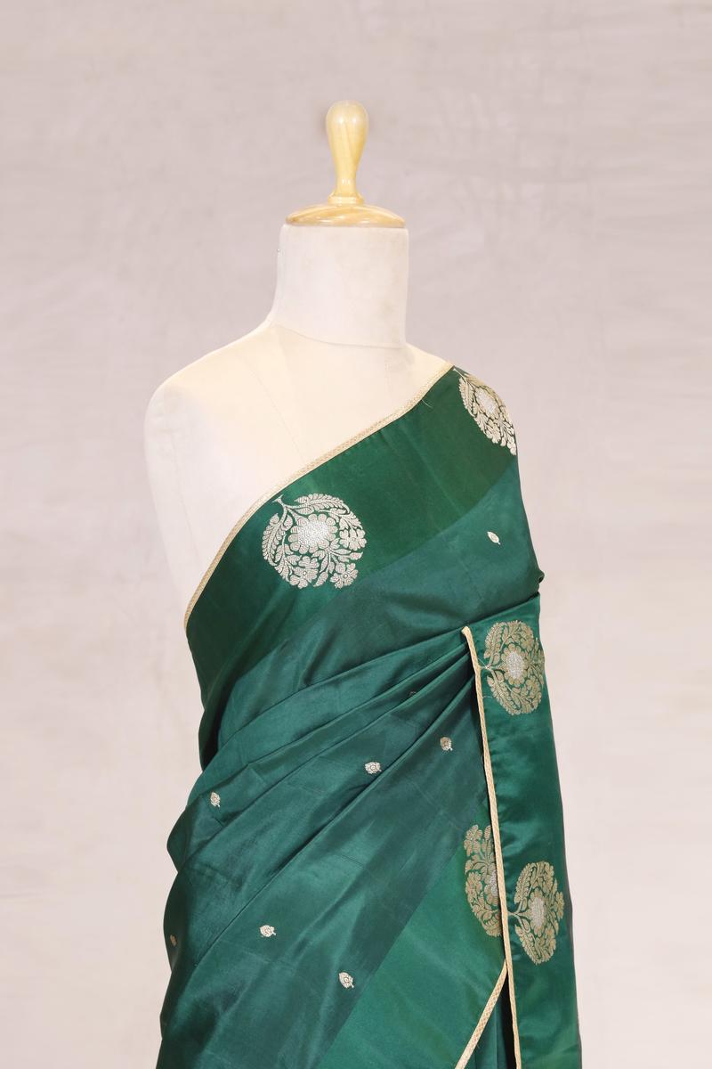 Bottle Green Handloom Banarasi Silk Saree with Gayatri Mantra