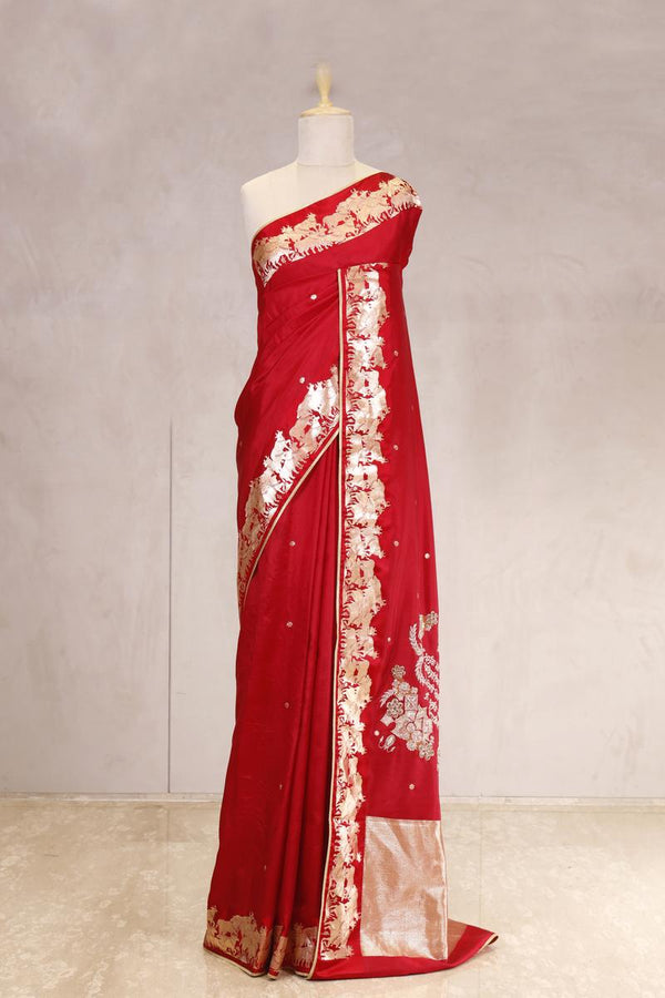 Red Handloom Banarasi Silk Saree with Gayatri Mantra