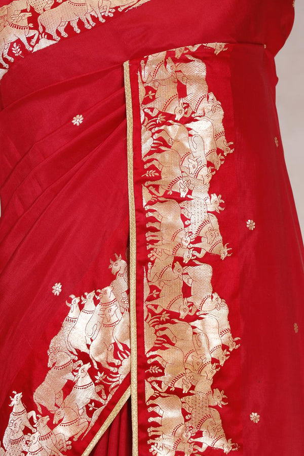 Red Handloom Banarasi Silk Saree with Gayatri Mantra