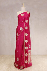 Pink Handloom Banarasi Saree with Ganesh Mantra Hand-Embroidery