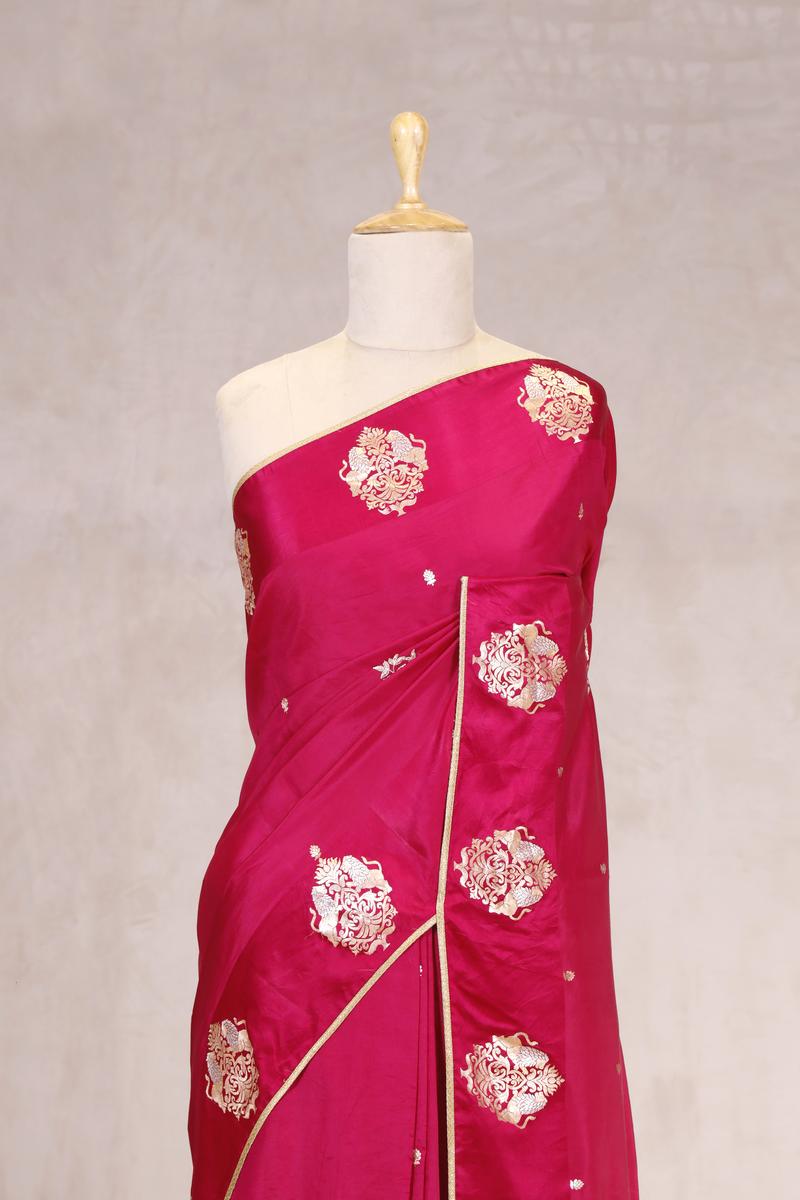 Pink Handloom Banarasi Saree with Ganesh Mantra Hand-Embroidery