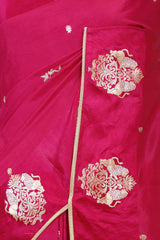 Pink Handloom Banarasi Saree with Ganesh Mantra Hand-Embroidery