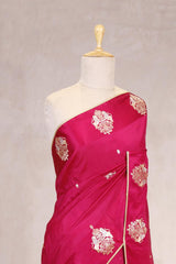 Pink Handloom Banarasi Saree with Ganesh Mantra Hand-Embroidery