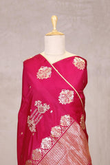 Pink Handloom Banarasi Saree with Ganesh Mantra Hand-Embroidery