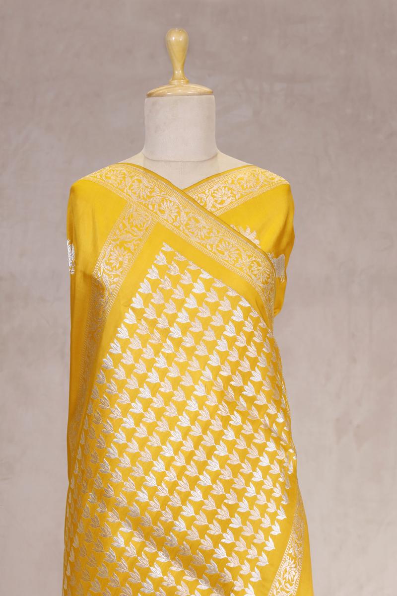 Yellow Satin Saree with Gold & Silver Zari Pichwai Motifs