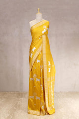 Yellow Satin Saree with Gold & Silver Zari Pichwai Motifs