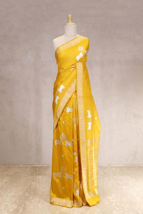 Yellow Satin Saree with Gold & Silver Zari Pichwai Motifs