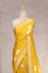 Yellow Satin Saree with Gold & Silver Zari Pichwai Motifs