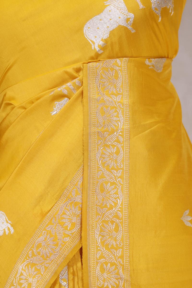 Yellow Satin Saree with Gold & Silver Zari Pichwai Motifs