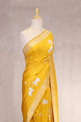 Yellow Satin Saree with Gold & Silver Zari Pichwai Motifs