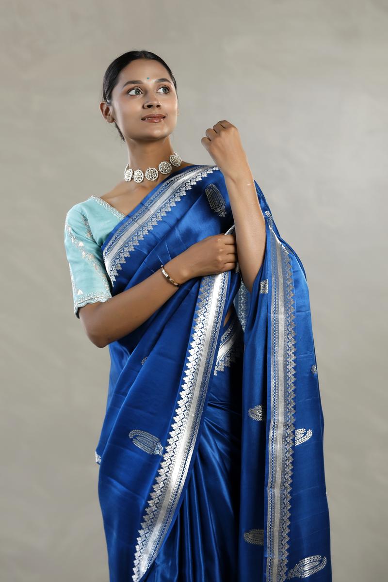 Deepika Blue Handloom Banarasi Saree with Silver Zari Floral Motifs