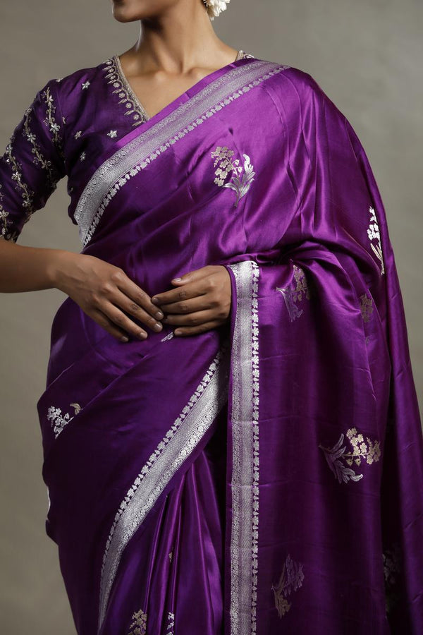 Purple Handloom Banarasi Satin Silk Saree with Gold & Silver Zari Floral Motifs