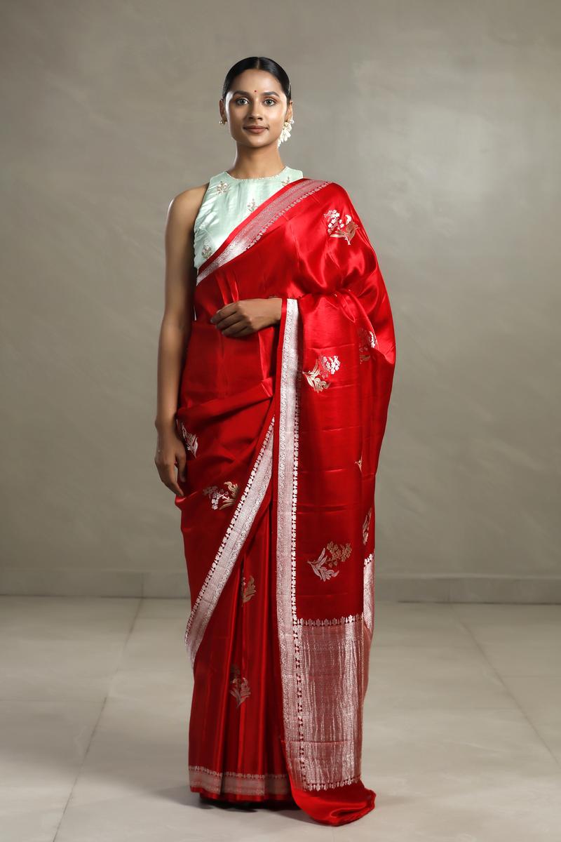 Red Handloom Banarasi Satin Silk Saree with Gold & Silver Zari Floral Motifs
