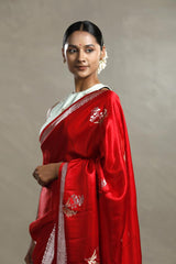 Red Handloom Banarasi Satin Silk Saree with Gold & Silver Zari Floral Motifs