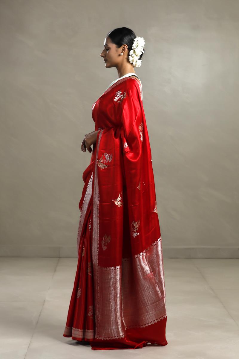 Red Handloom Banarasi Satin Silk Saree with Gold & Silver Zari Floral Motifs