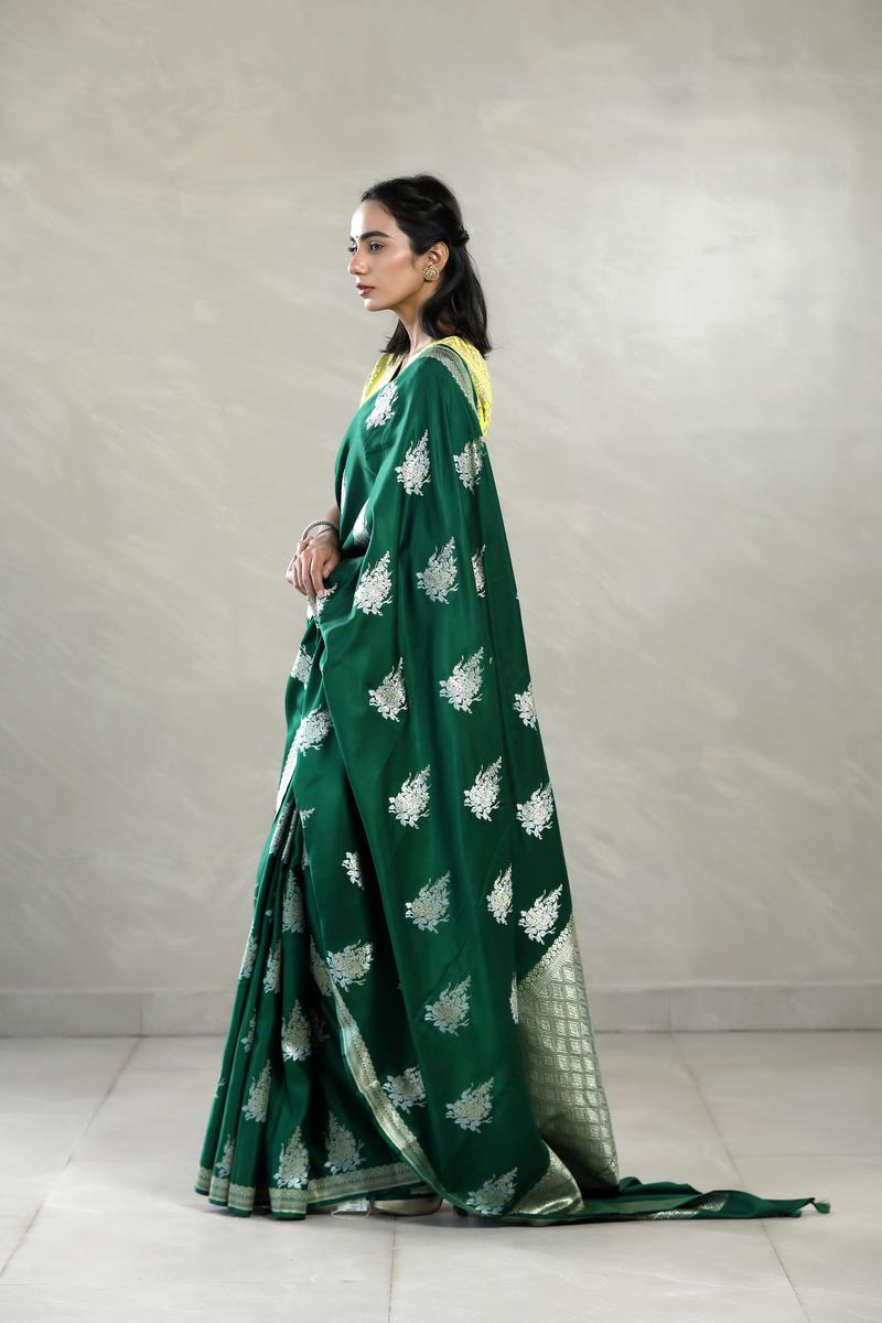Bottle Green Banarasi Saree with Floral Motifs