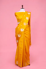 Banarasi Silk Saree, Banarasi saree, yelow peacock motif handloom banarasi saree