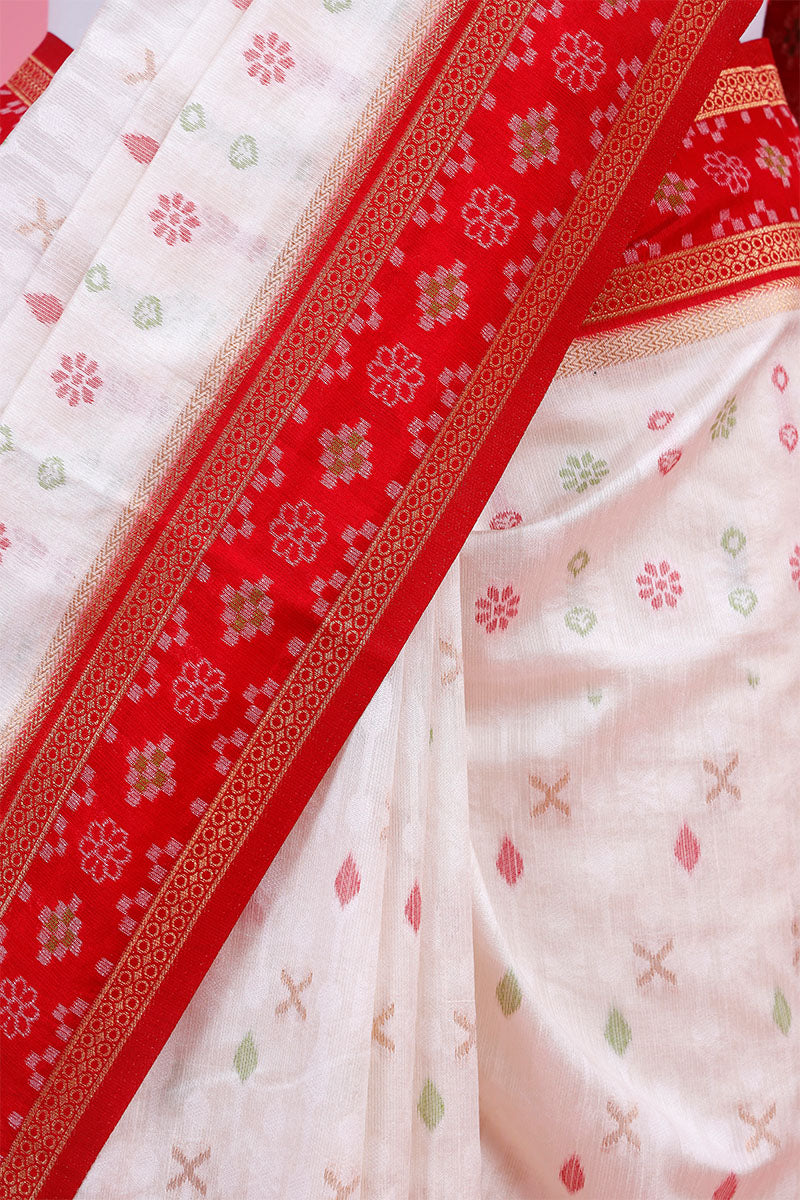 White & Red Ethnic Banarasi Saree