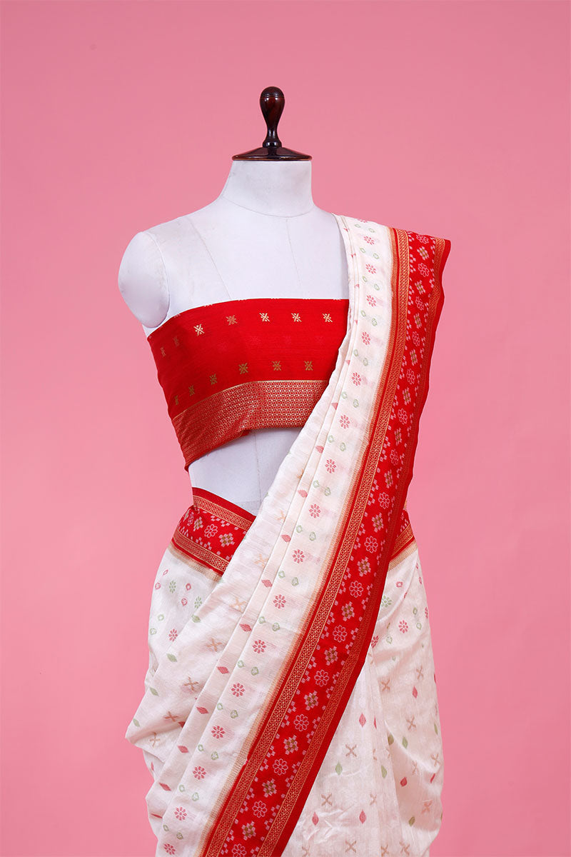 White & Red Ethnic Banarasi Saree