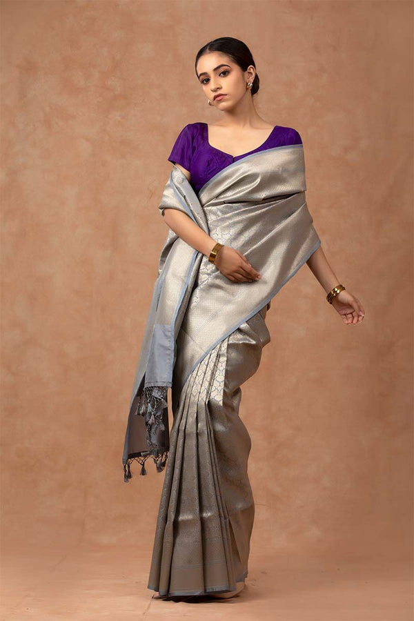 Mettalic Grey Soft Silk Saree