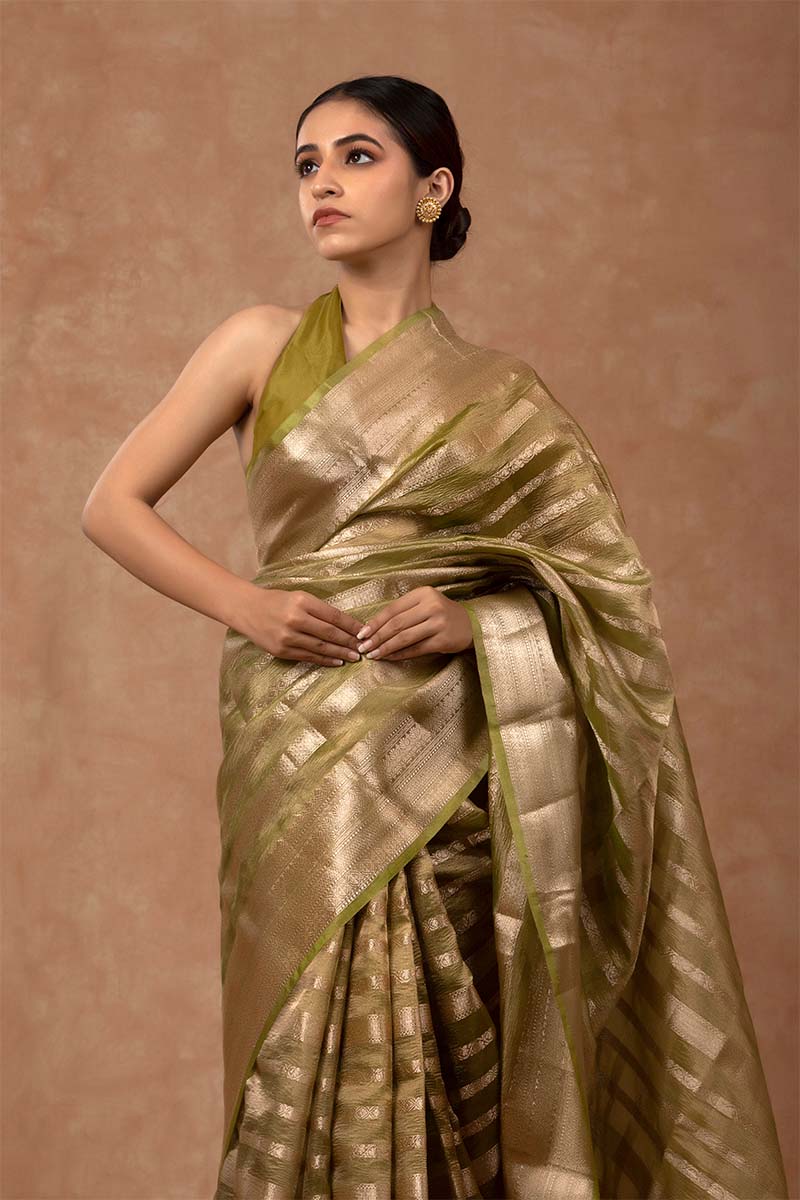 Henna Green Striped Woven Silk Saree