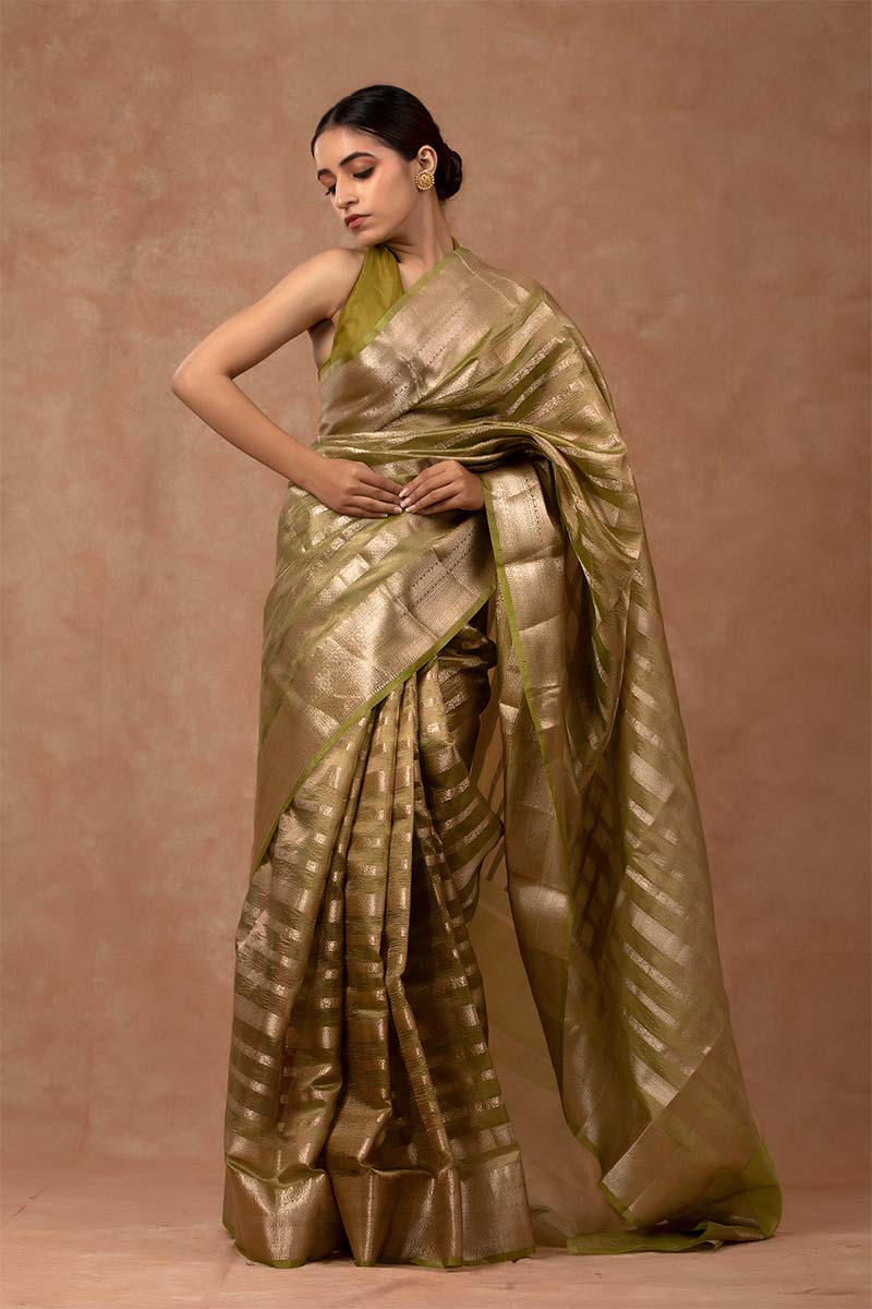 Henna Green Striped Woven Silk Saree