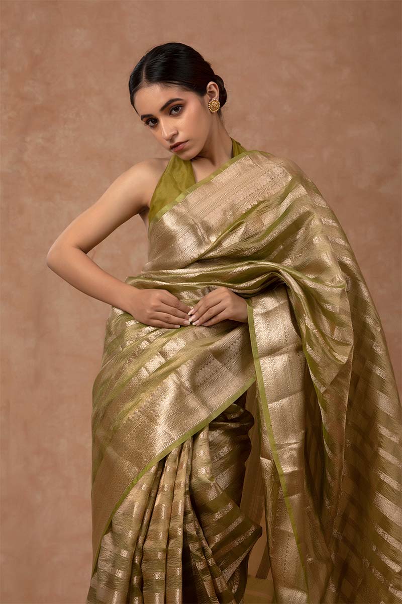 Henna Green Striped Woven Silk Saree