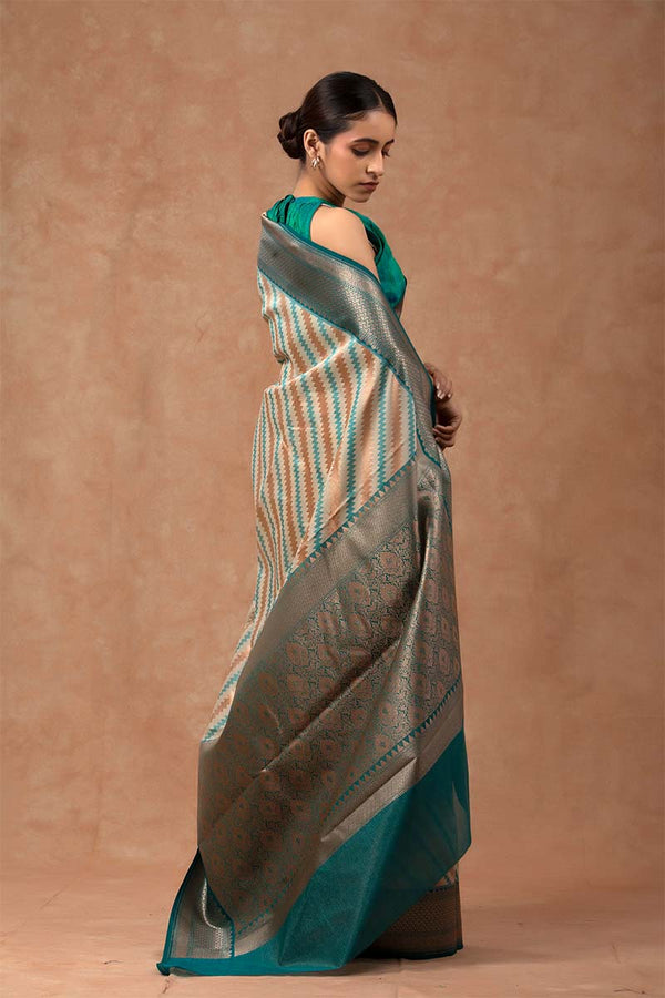 Off White Striped Woven Silk Saree