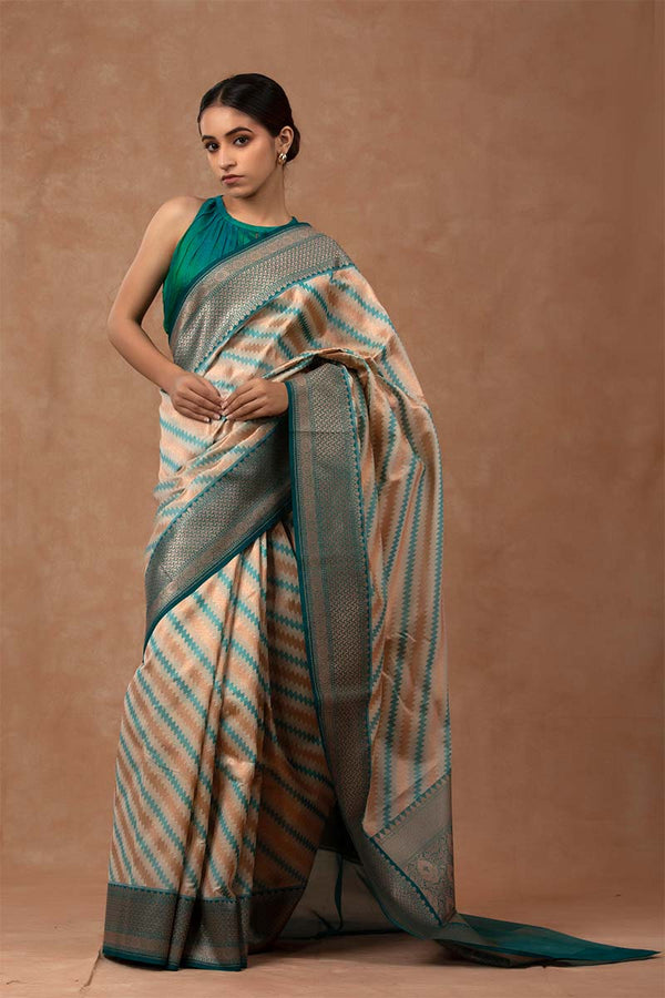 Off White Striped Woven Silk Saree