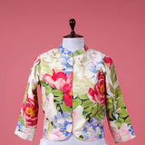 White Floral Printed Raw Silk Blouse