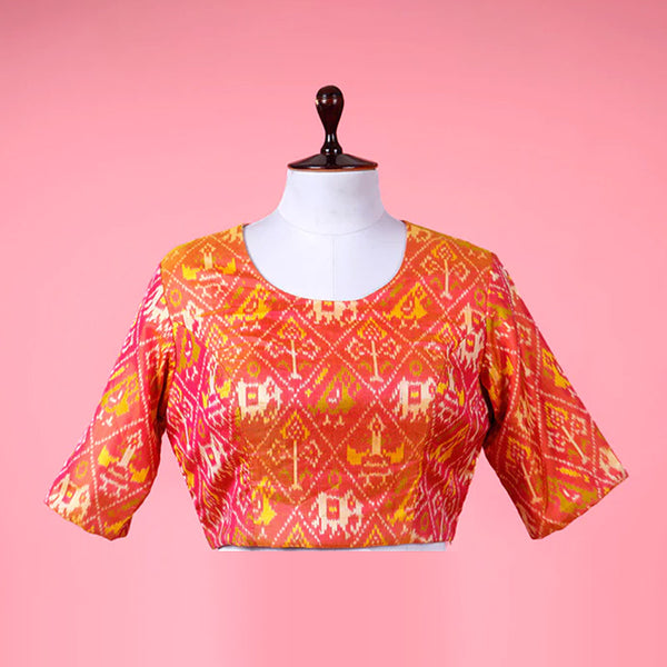 Orange Blouse, Yellow Blouse, silk Blosue, Banarasi Blouse, Yellow Ikkat Silk Blouse By Chinaya Banaras