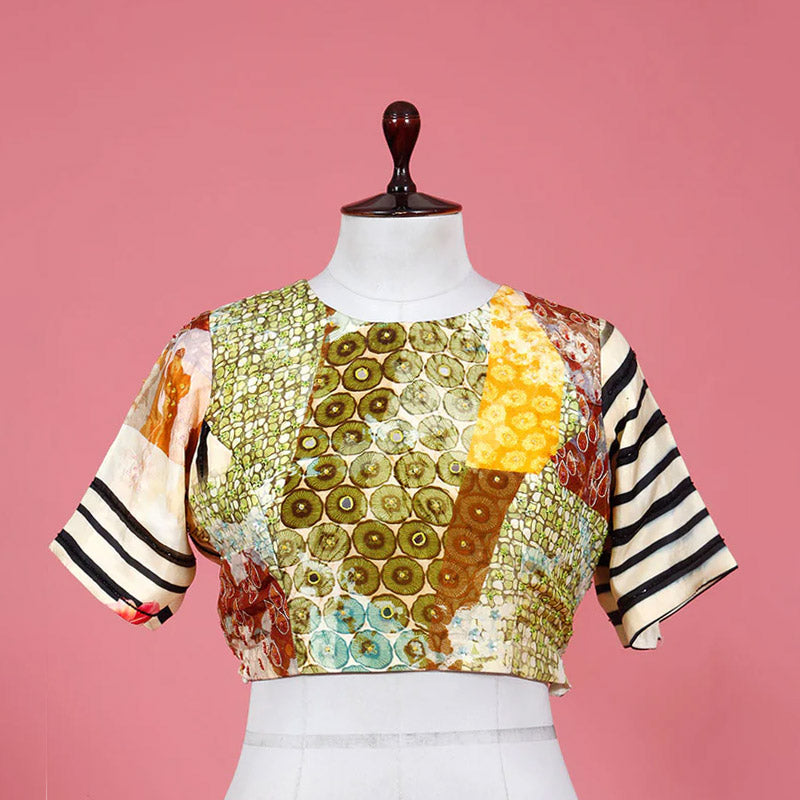 Multicolored Abstaract Printed Embellished Silk Blouse