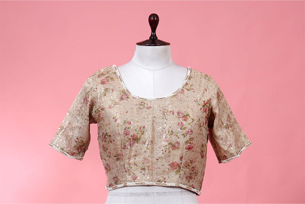 Beige Floral Printed Embellished Tissue Silk Blouse