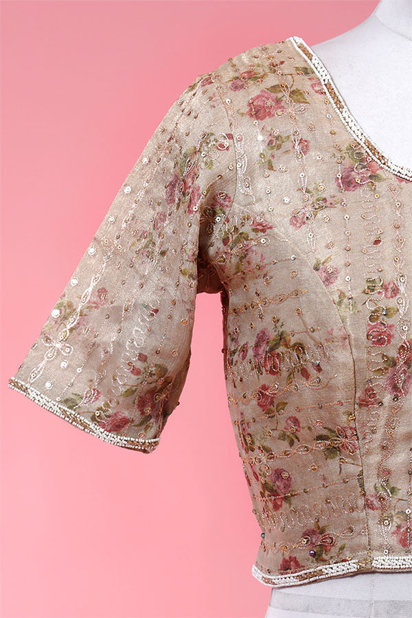 Beige Floral Printed Embellished Tissue Silk Blouse