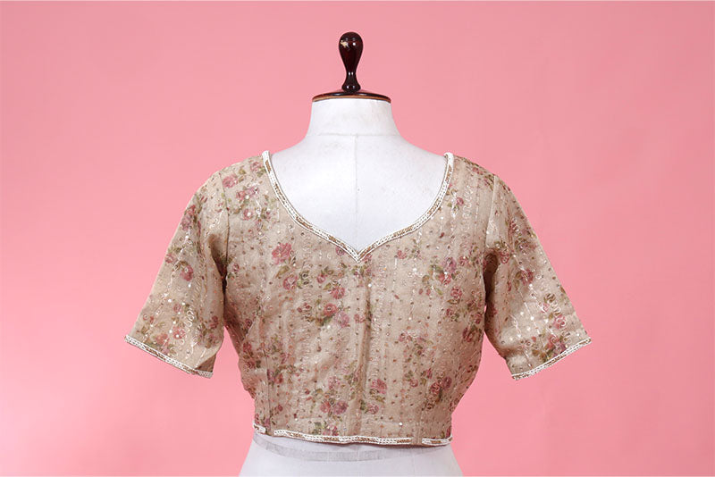 Beige Floral Printed Embellished Tissue Silk Blouse