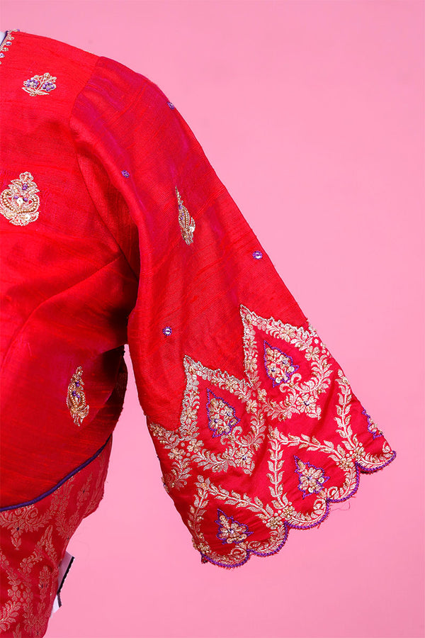 Banarasi Red Handloom Silk Blouse with Cutdana & Aari Handwork