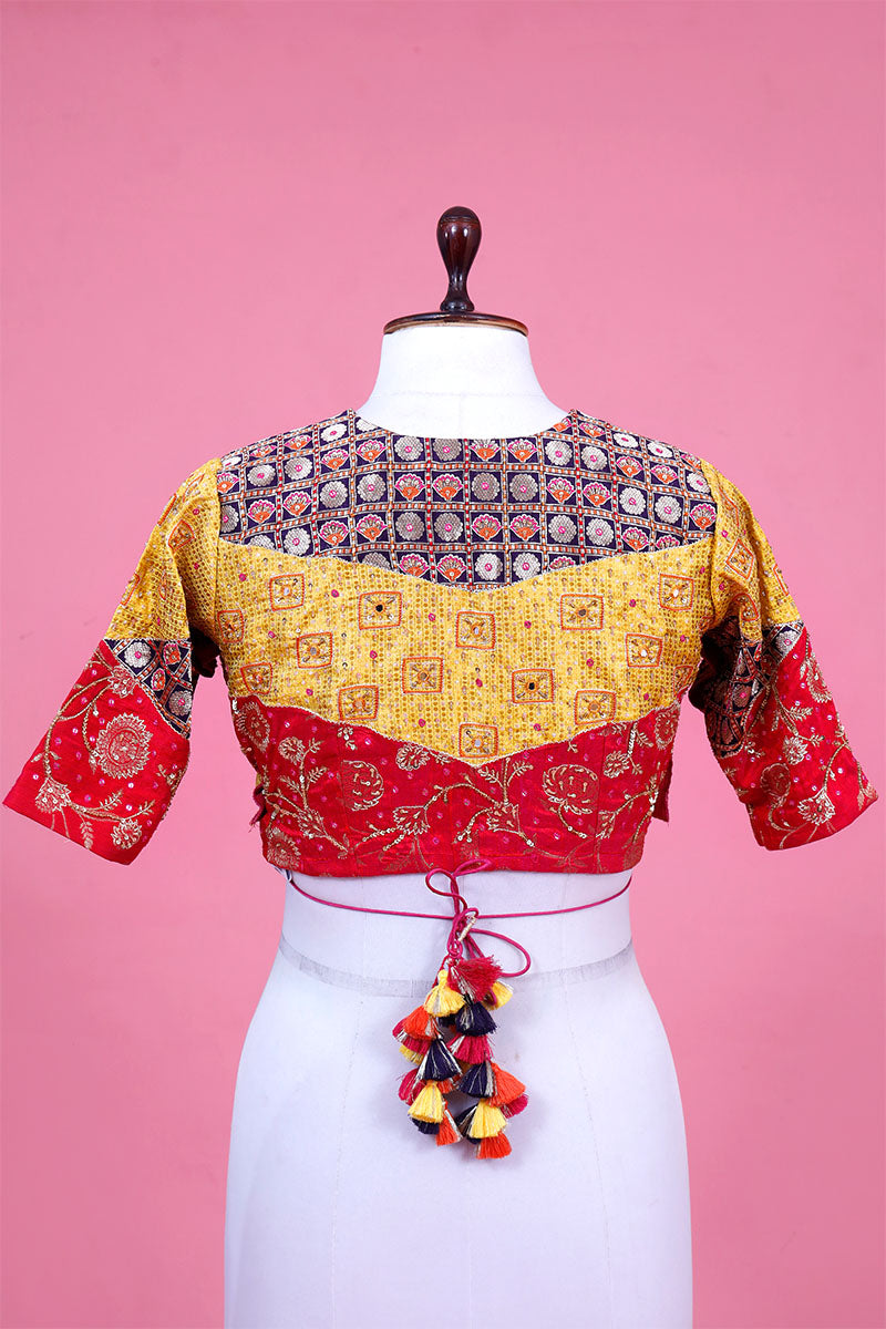 Multi Color Pure Banarasi Silk Blouse With Cutdana & Aari Handwork