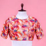 Multi-Color Abstract Printed Pure Raw Silk Blouse with Half Sleeves