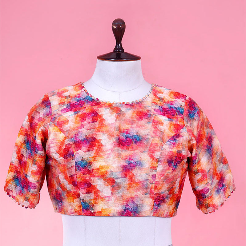 Multi-Color Abstract Printed Pure Raw Silk Blouse with Half Sleeves