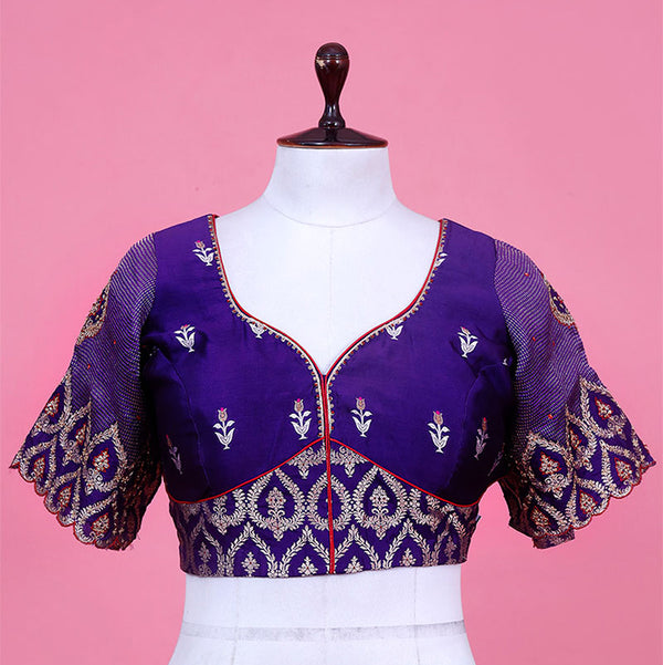 Banarasi Purple Designer Blouse With Cutdana & Aari Handwork