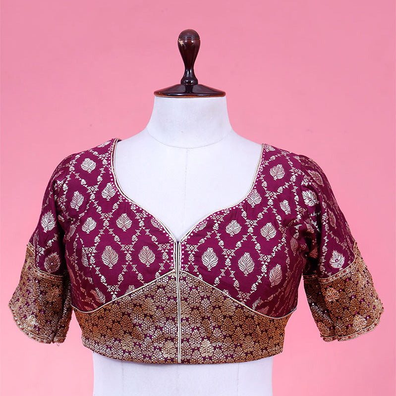 Deep Magenta Banarasi Blouse with Ethnic Motifs and Resham Embroidery