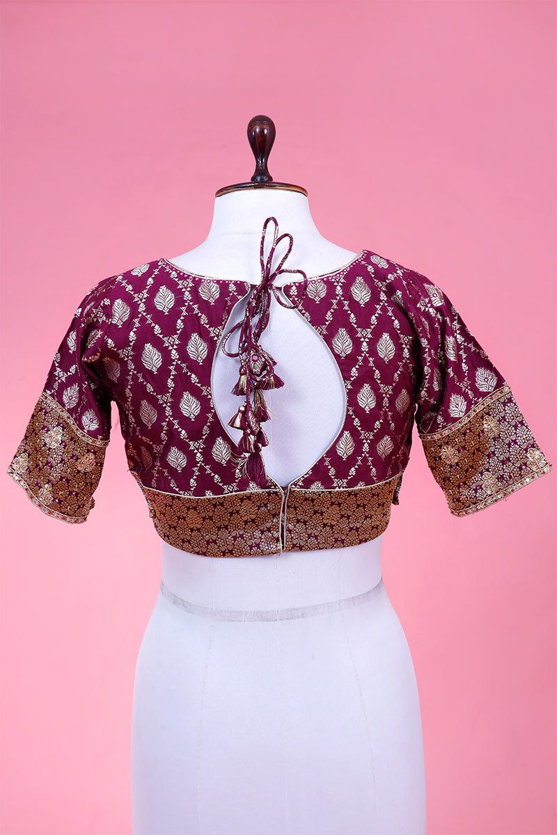 Deep Magenta Banarasi Blouse with Ethnic Motifs and Resham Embroidery