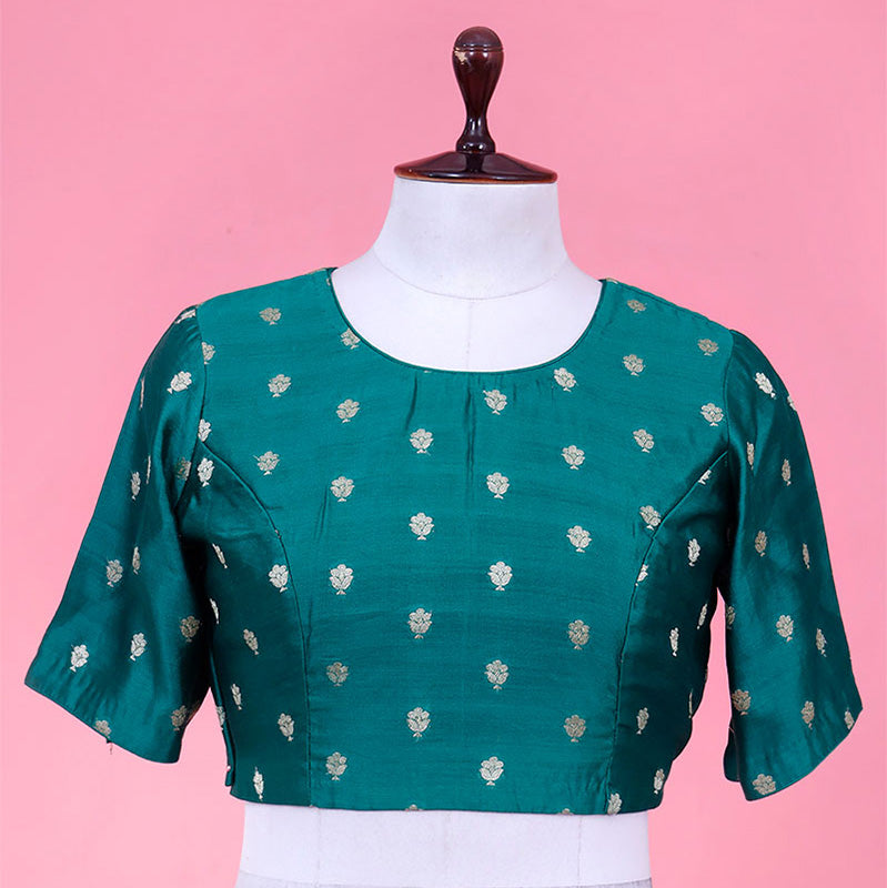 Sapphire Green Chiniya Silk Blouse with Gold Zari Motifs