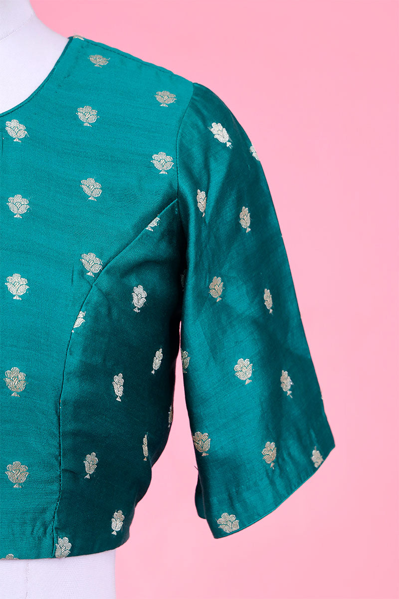 Sapphire Green Chiniya Silk Blouse with Gold Zari Motifs