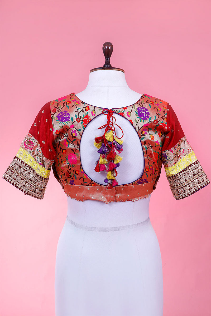 Red Banarasi Silk Designer Blouse with Gold Zari Paithani Works