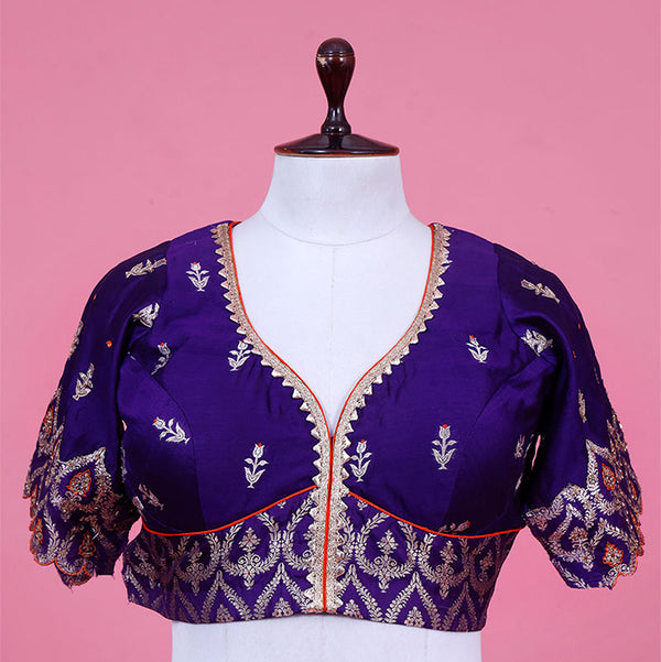 Purple Banarasi Silk Blouse with Kadhwa Motifs and Handwork