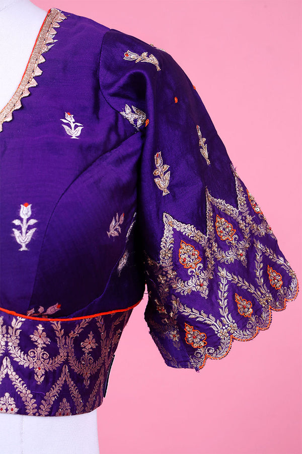 Purple Banarasi Silk Blouse with Kadhwa Motifs and Handwork